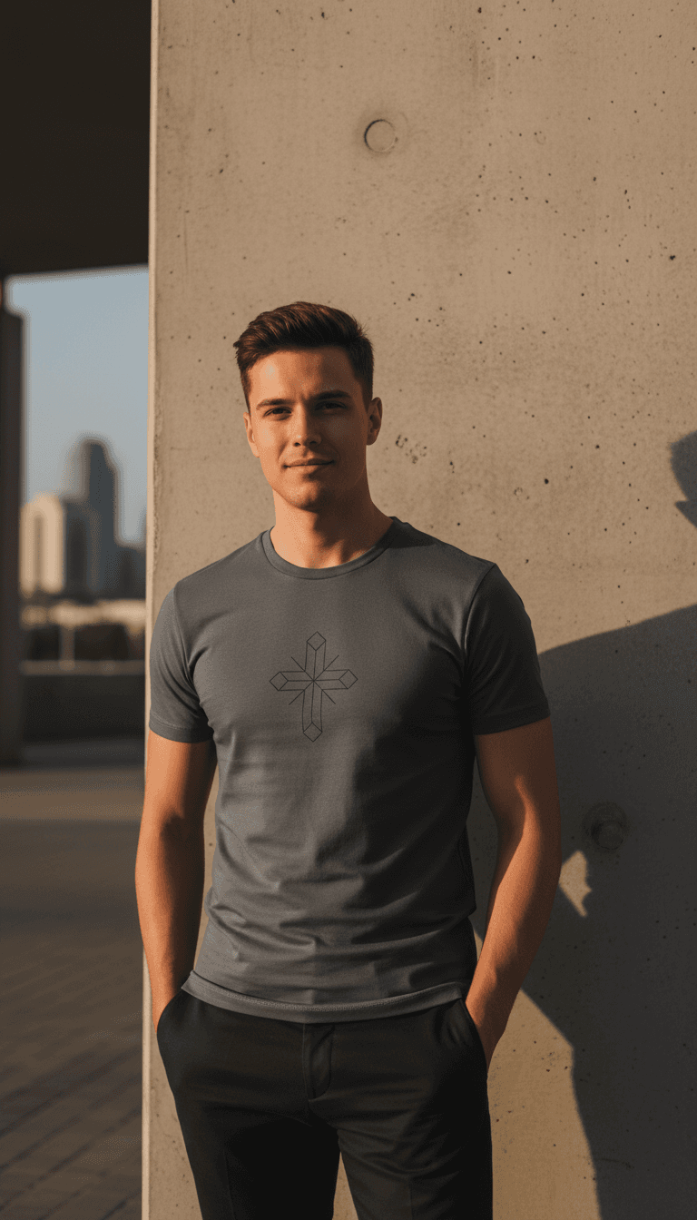 Young adult standing confidently against concrete wall wearing charcoal premium t-shirt with minimal geometric graphic, golden hour lighting