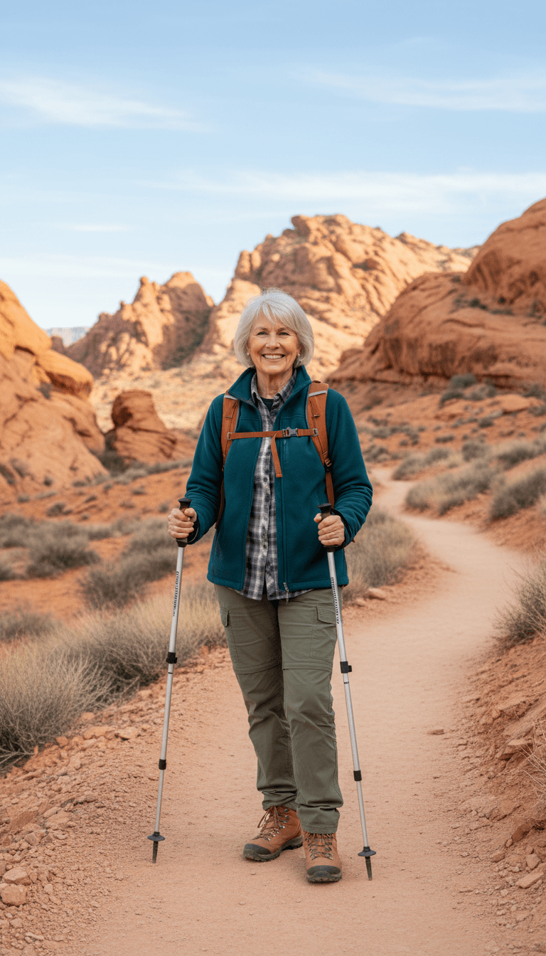 Senior woman standing confidently on scenic desert hiking trail with rock formations and landscape behind