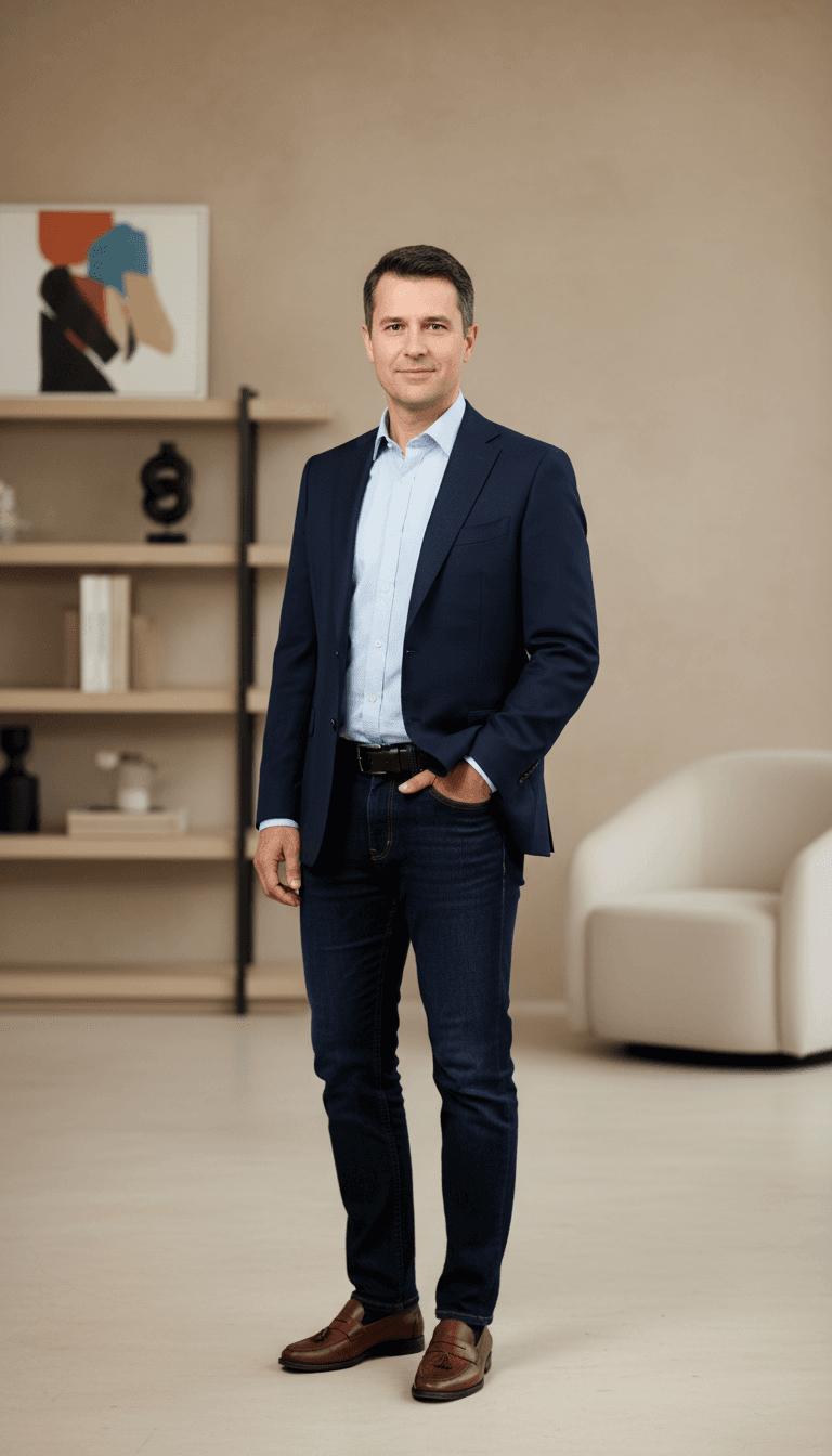 Confident adult standing in modern home interior wearing smart casual attire with genuine approachable expression