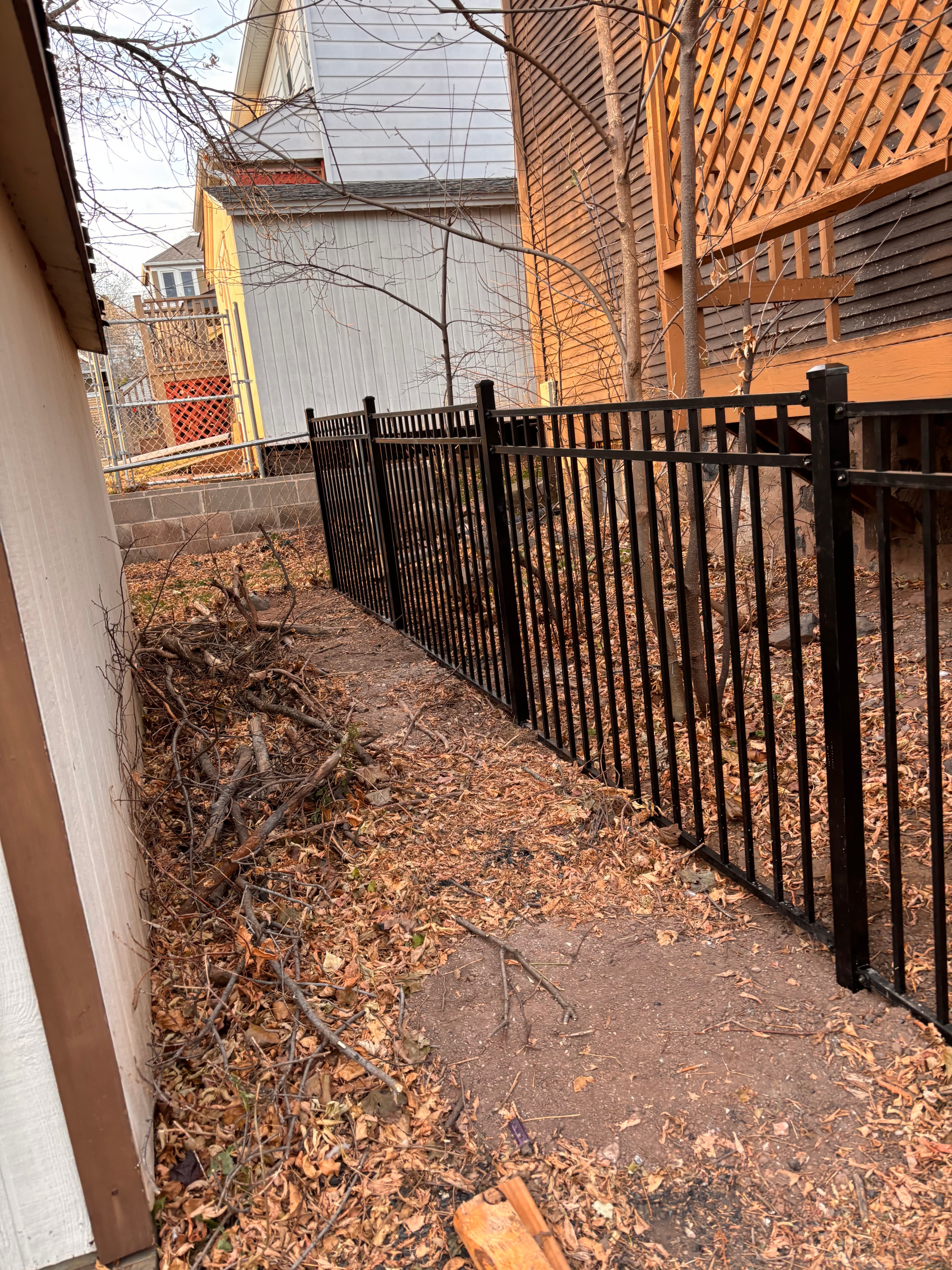 Black metal fence along a dirt path covered in dry leaves and fallen tree branches.